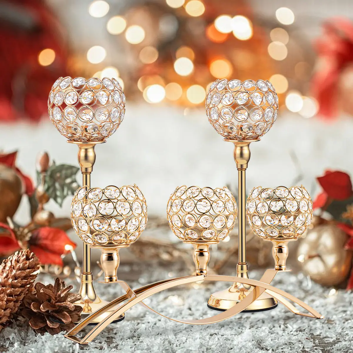 VINCIGANT Set of 3 Gold Candle Holders Wedding Table Centerpieces,Tealight Candlestick Candelabra Stand with 3 Arms for Fireplace Home Living Room Decor