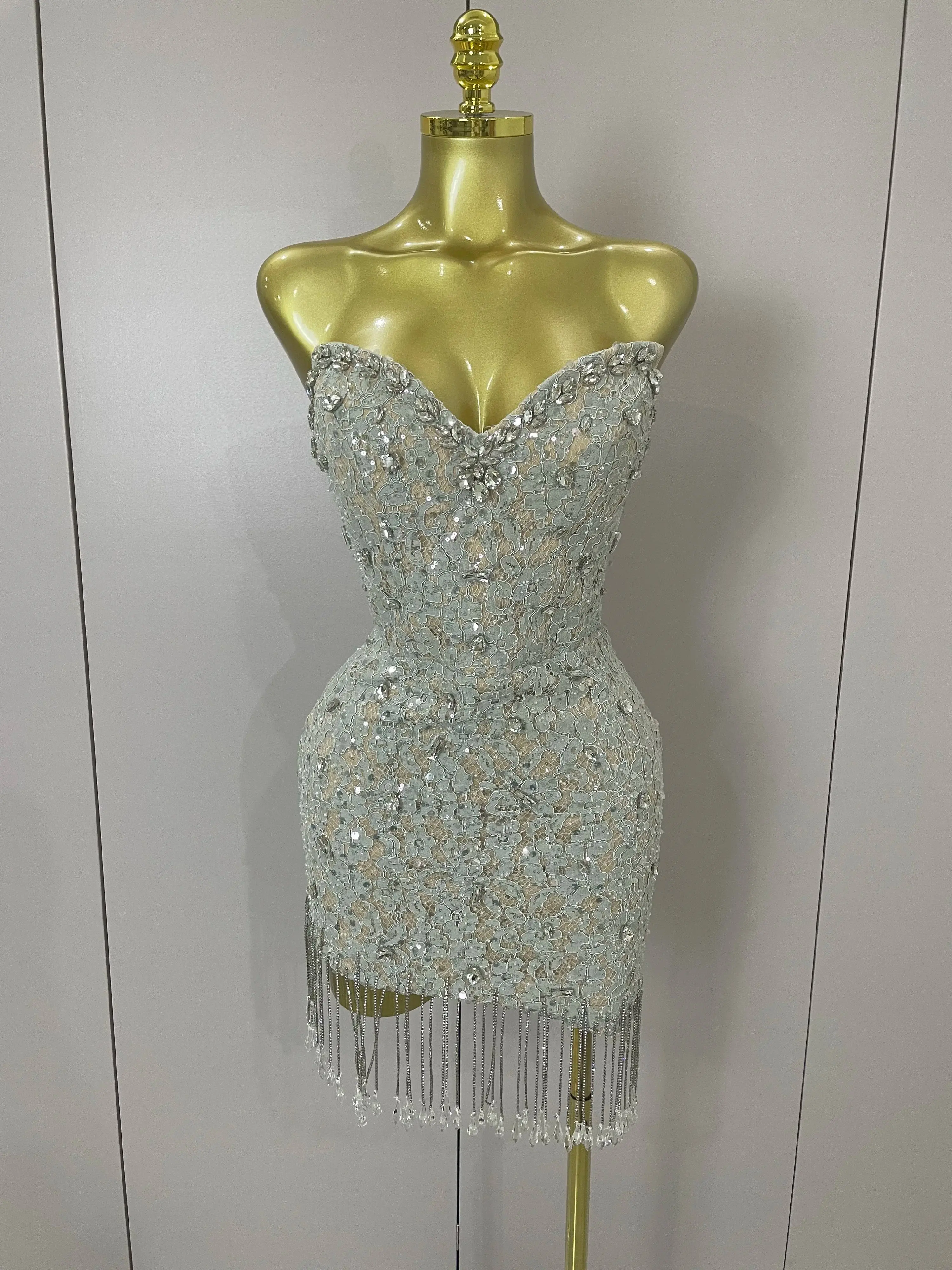 Women's Fitted Glamorous Sleeveless Halter Neck Bodycon Dress - Tassels, Sparkling Diamond Embellishments, Formal Party Wear for Cocktail Parties, Couture Going-Out Attire