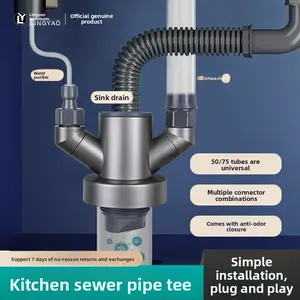 Kitchen Drain Pipe Triple Connector Sink Dishwasher Water Filter Multi-Function Anti Odor Splitter Drainage Fitting