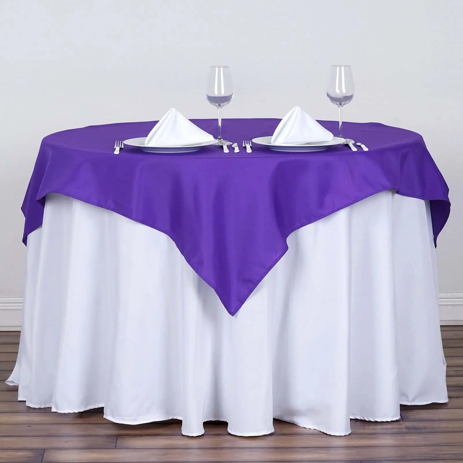 54" x 54" Polyester Square Overlay Table Cover - Wrinkle-Resistant Purple Kitchen Linen Table Topper for Party Decoration Supplies, Ceremony, Birthday