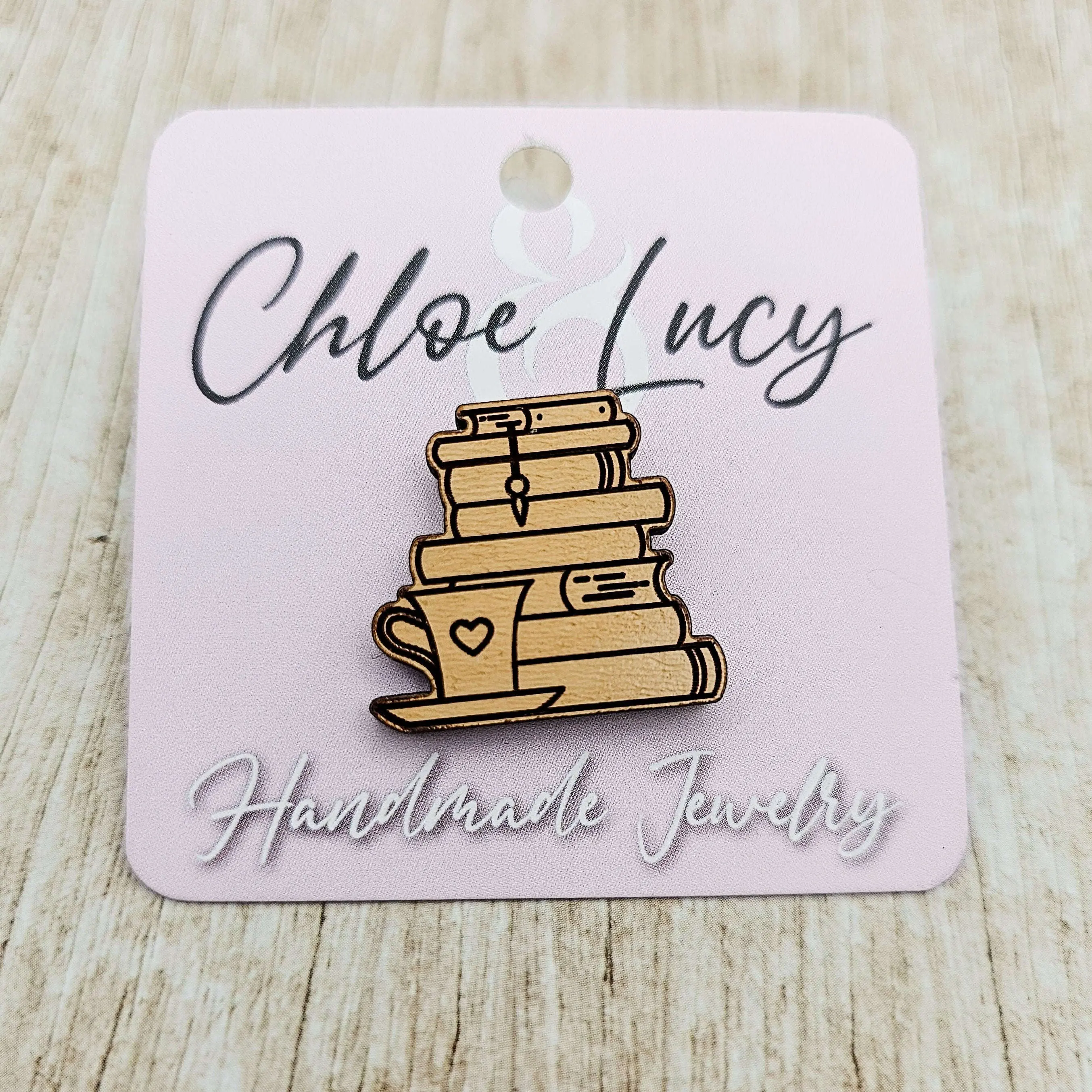 Precision Laser-Cut Wooden Lapel Pin, Literary Books and Coffee Cup Gift for Book Lovers, Teachers, and Writers