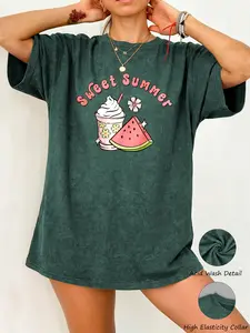 Sweet Summer Watermelon Milkshake Print Women's Casual Washed Short Sleeve T-Shirt