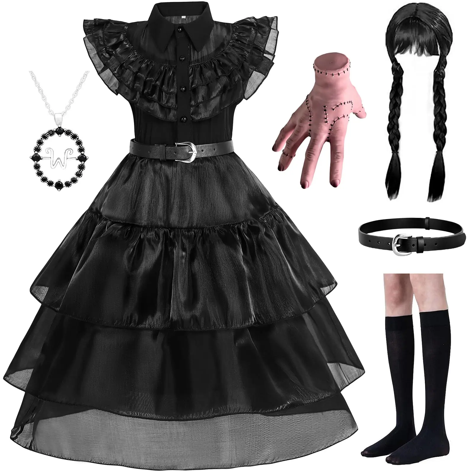 Costume Dress for Girls Halloween Costumes Cosplay Party Dress with Accessories, Wednesday Addams Black Gothic Layered Dress Full Set, Kids Wednesday Cosplay Outfit with Wig Thing Hand Necklace Belt Socks