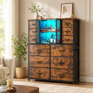 [Vibe Home] Raybee 12 Drawer Fabric Dresser with Charging Station & LED Lights, 50.5" Tall Storage Chest of Drawers with Wooden Hutch, Narrow Dresser Tower for Bedroom, Wide Closet Organizer for Living Room, Dorm, Entryway, Apartment,Clothes, Blankets