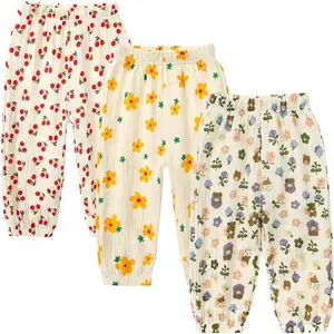 GFQLONG Toddler Baby Girls 3 Pack Elastic Waist Pants Soft Cotton Linen Harem Bloomers Summer Fall Long Pants