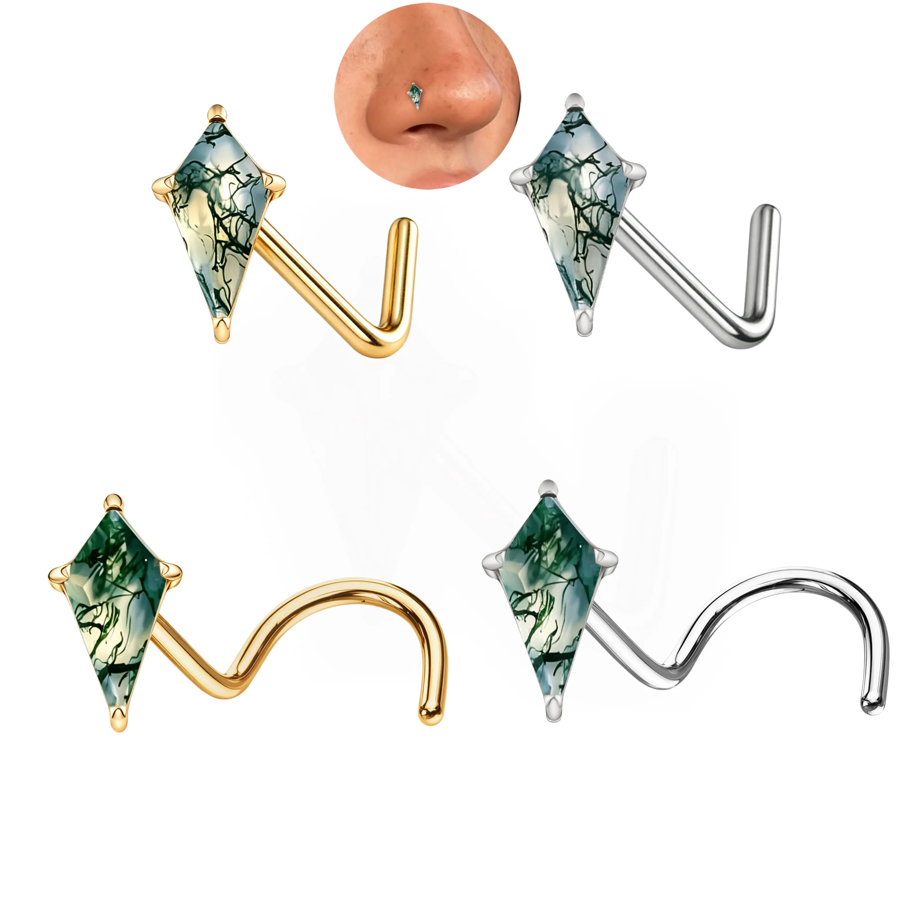 20G Moss Agate Natural Stone ASTM F136 Piercings L Shape S Shape Nose Piercings Titanium Piercings Kite Shape Piercings