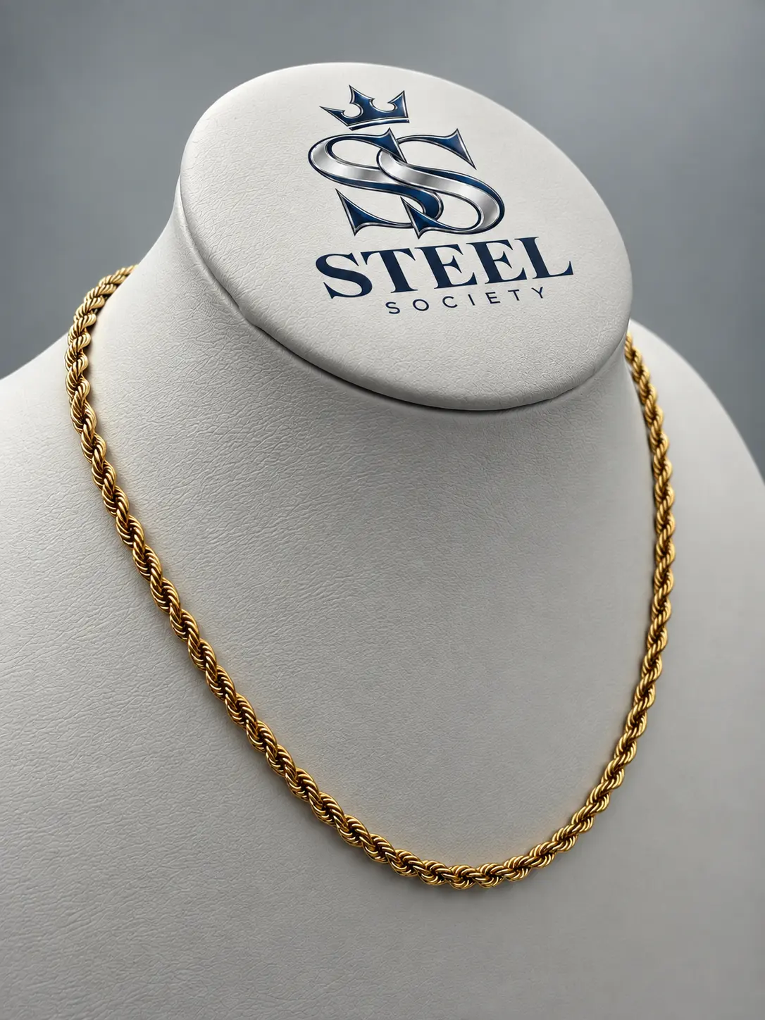 Steel Society 18k Gold Plated Rope Chain For Men, Women, and Children, Upgraded Shine, Tarnish Free, Water Resistant, 3mm/4mm, 16"/18"/20"/22"/24"