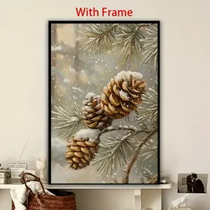 1pc Framed Winter Pinecone & Snowflake Art Print - Classic Style, Indoor Wall Decor for Living Room, Office, Bedroom, or Restaurant, Holiday & Birthday Gift Idea, Living Room Art | Winter Scene Decor | Detailed Pinecone Design, Pinecone Decor