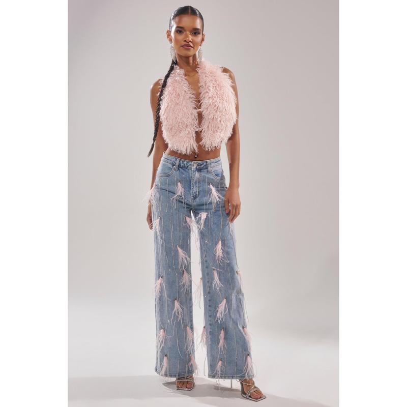 SHAKE IT FOR ME GIRL FEATHER EMBELLISHED DENIM