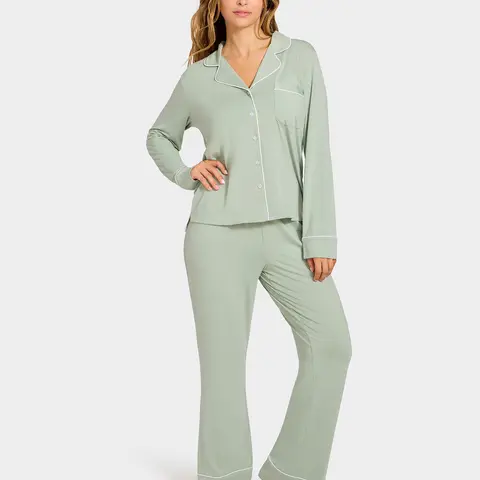 BARE BARE NECESSITIES Women's Comfy and Cozy Long Sleeve Cooling Piped Pyjamas Set - Breathable Fabric Nightwear with Pocket Pants for Loungewear