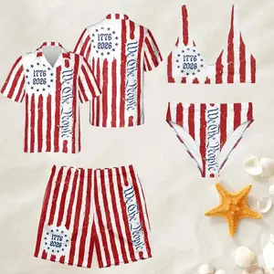 Matching Couple Swimwear, Navy Blue American Flag Stars and Stripes Distressed Brush Stroke Patriotic Bikini Top Bottom & Mesh Button Shirt Shorts Set, Perfect Gift for Him and Her