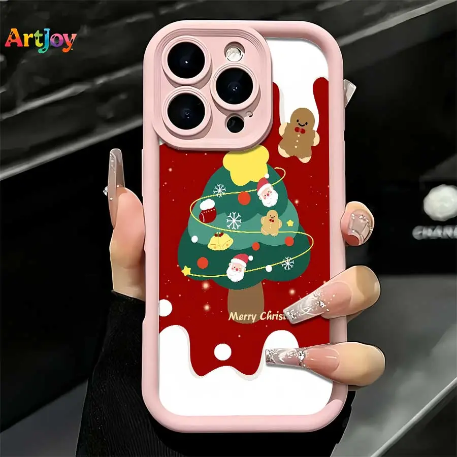 Shockproof Protective Phone Case Accessories, Vibrant Girly Festive Eye-catching Red-white Color-block Cartoon Case With Christmas Tree, Santa, Gingerbread Minimal Illustration, for iPhone 17 Pro Max-16-16 Plus-15-14-13-12, Ideal Birthday-Holiday Gift