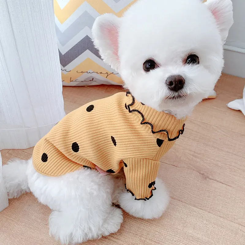 Bipod Dot Turtleneck Dog Shirt Winter Cotton Yellow Polka Dot Bottoming Shirt for Small Dogs Sizes 3XS to 3XL