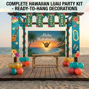 Hawaii Luau Party Banner Set, 7 Banners + 3 Ribbons + 30 Balloons, Tropical Aloha Kakakiahaka Polyester Background, Summer Beach Birthday Party Decor