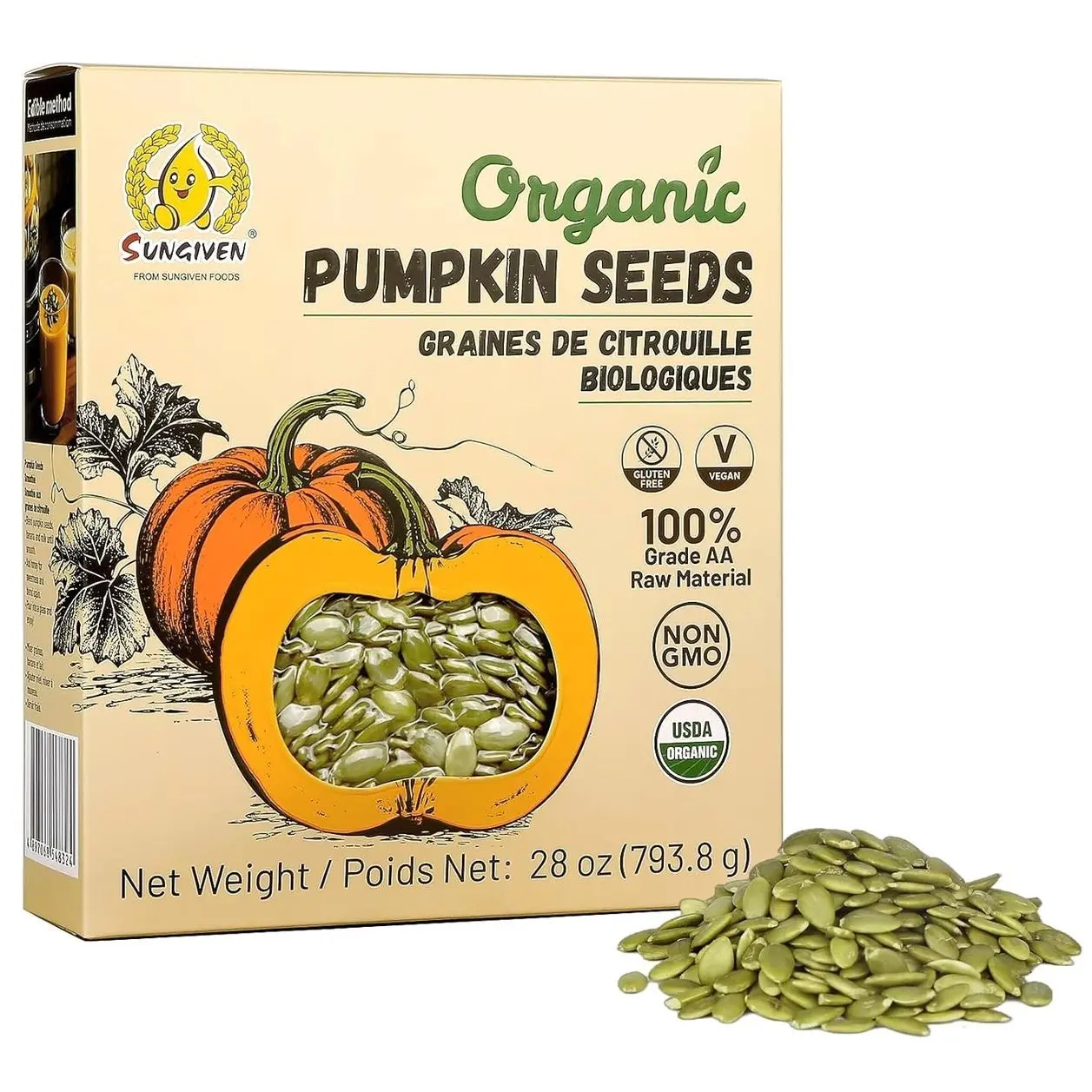 SUNGIVEN Organic Pumpkin Seeds 28 Oz Shelled Raw Gluten Free Non GMO Vegan for Baking Salad Breakfast Snack