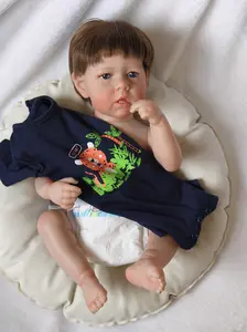 20-inch (50cm) Reborn Baby Doll Boy Liam, Full Vinyl Body Realistic Newborn with Rooted Curly Hair, Ocean Blue Eyes, Navy Leopard Onesie, Feeding Set, First Awake Doll Gift, Realistic Newborn Dolls
