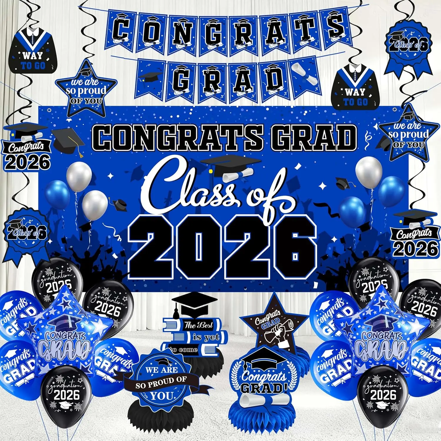 2026 Blue Metallic Graduation Decorations Banner Set - Polyester 63"x35" Backdrop, 8 Hanging Swirls, 4 3D Honeycomb Centerpieces, Congrats Bunting, Balloon Decor, Easy-Install for High School Blue Grad Atmosphere Parties