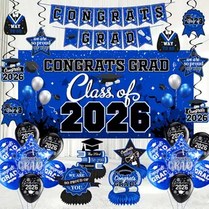 Blue Graduation Decorations 2026 Class of 2026 Backdrop Banner - Includes Hanging Swirls, Honeycomb Centerpieces, Congrats Grad Bunting, Balloons - High School College Grad Party Supplies