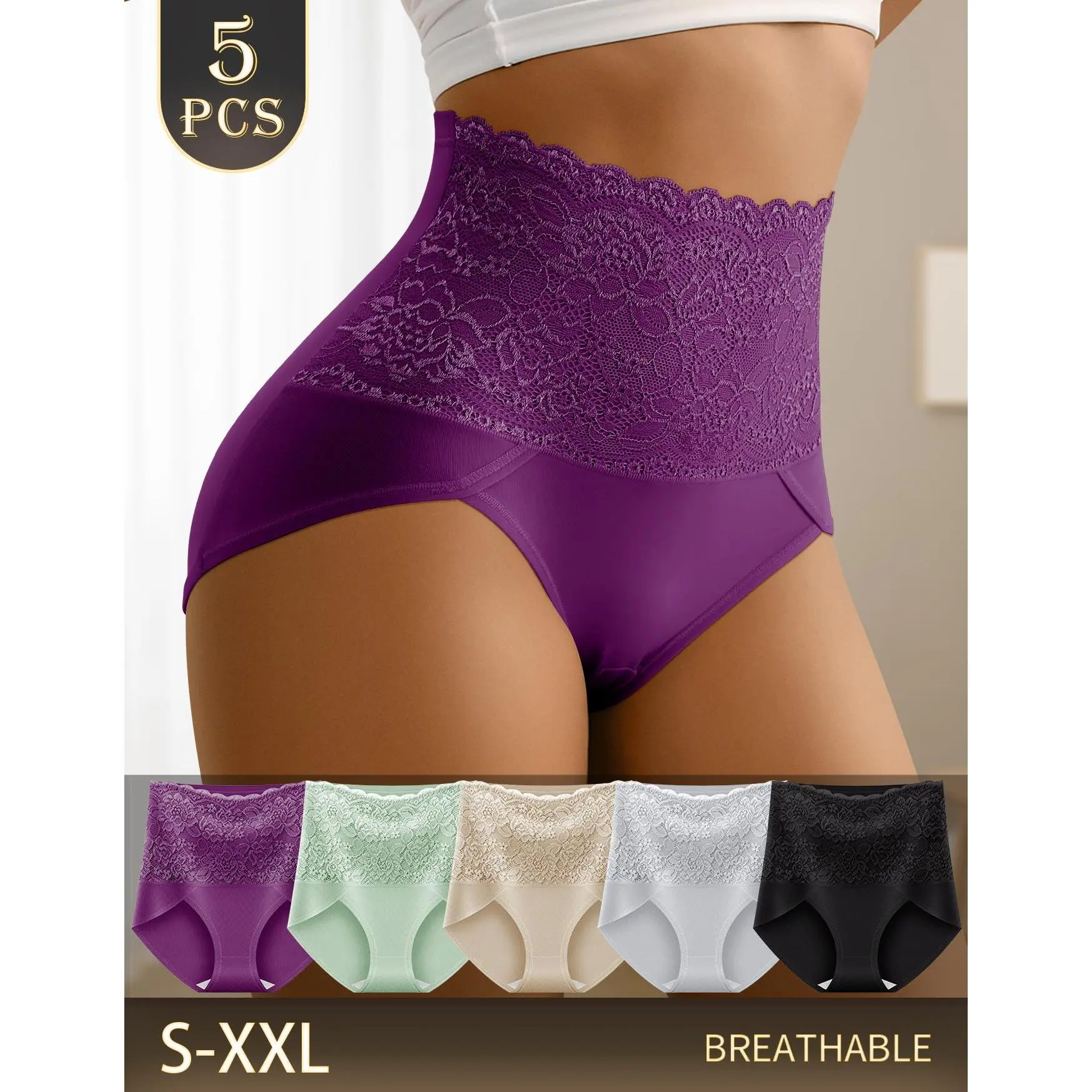 QUASTI Women's 5-Pack 5-Color Elegant High-Waisted High-Cut Lace Panties Set - Polyester Breathable Fabric, Soft Skin-Friendly Minimalist Briefs, Stretchable Elastic Waistband, Snug Fit, All-Season Wear, S-XXL