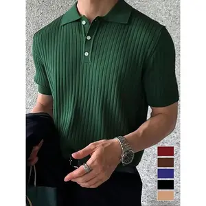 Men's Solid Color Ribbed Polo Neck Knit Top, Regular Fit Casual Short Sleeve Button Jumper for Summer, Fashion Men's Knitwear for Daily Wear