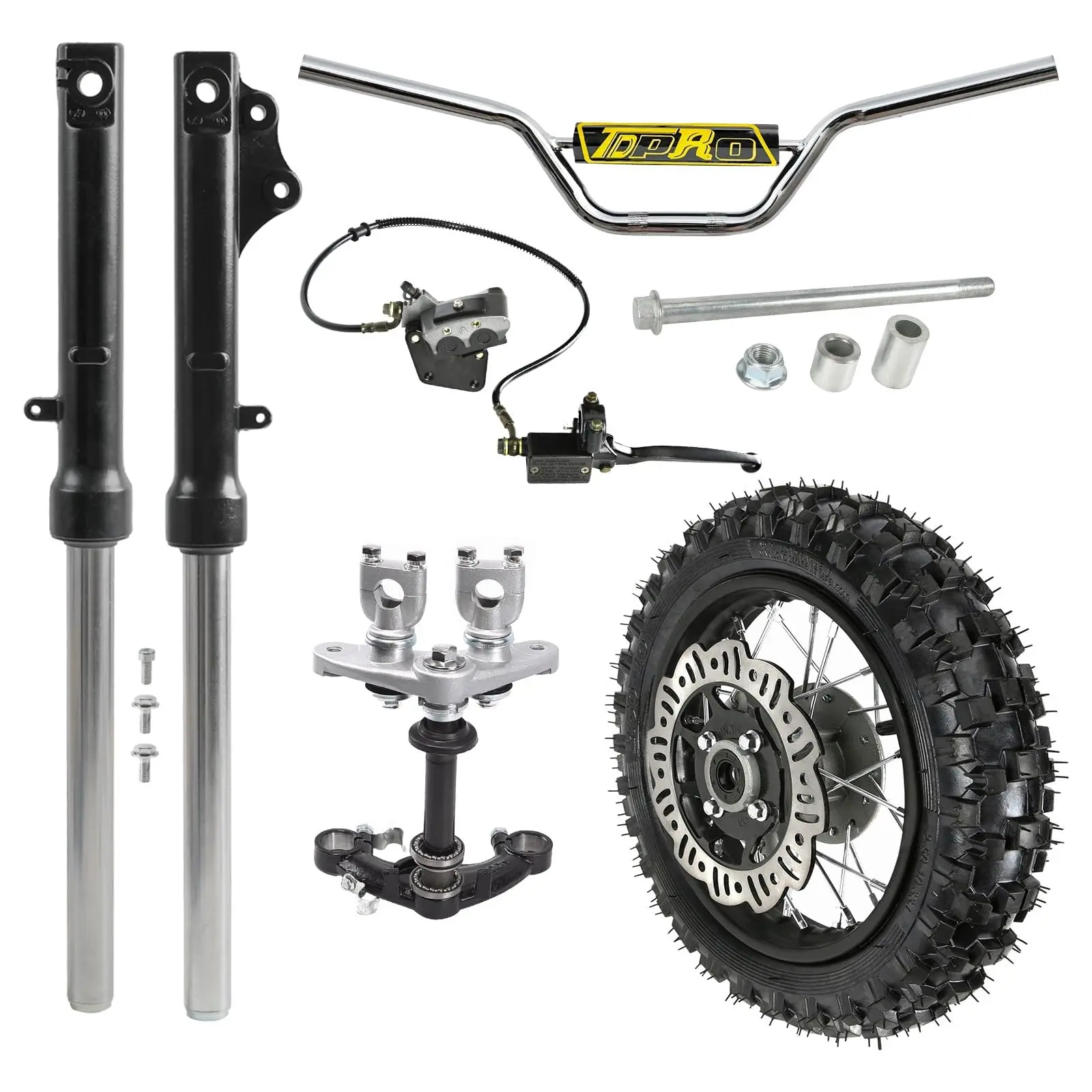 2.50-10" Dirt Bike Tire and Rim Front Wheel with 520mm Front Forks, Triple Tree, 12mm Axle, Brake Caliper, 22mm Handlebar for CRF50 XR50 Razor Apollo Coolster SSR Mini Pit Bike Motorcycle 50cc-125cc