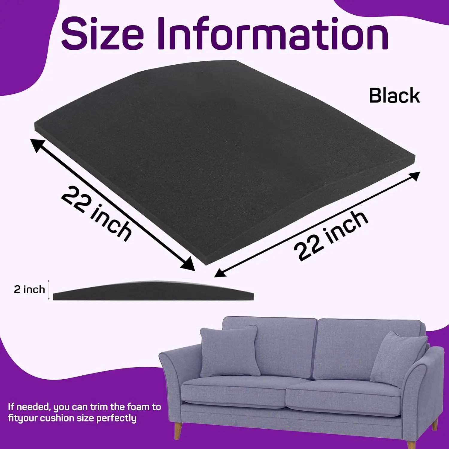 Couch Cushion Support for Sagging Seat – 22"x22" Curved High Density Foam Replacement Pad, Firm Cushion Booster for Couch, Loveseat or Armchair, Easy No-Tool Fix for Sunken Furniture,Black Set of 3