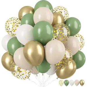 Sage Green Gold Balloons, 12 Inch Green White Metallic Gold Balloons, Green Sand White Balloons Gold Confetti Latex Balloons for Birthday Wedding Shower Party Decoration