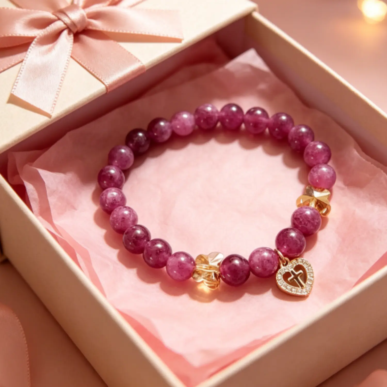 Natural Strawberry Quartz Bracelet 8mm, Pink Beaded Stone Jewelry for Women, Minimalist Birthday Gift for Mom Wife Daughter