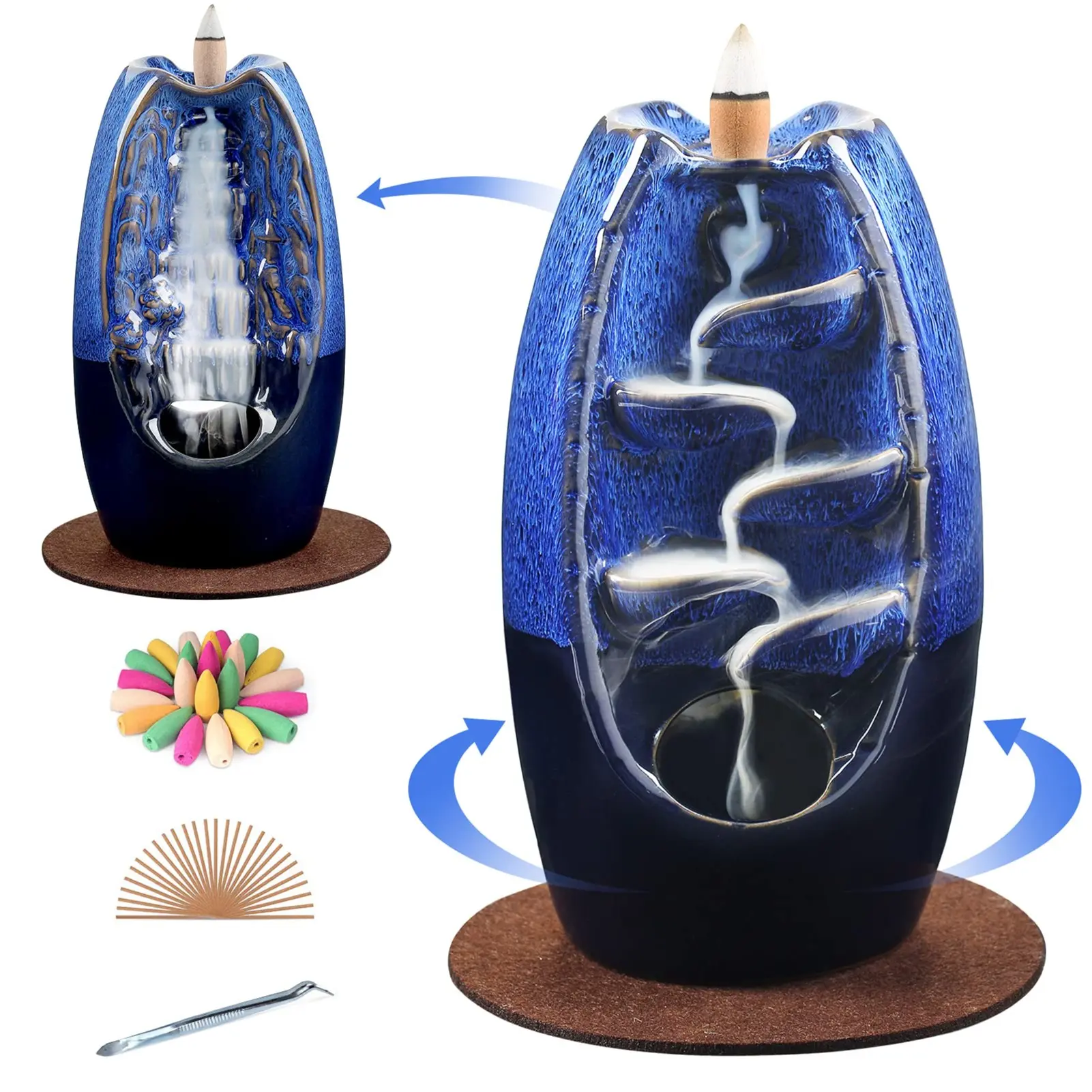 Navy Ceramic Backflow Incense Holder Incense Burner Waterfall 2 Sides, Incense Fountain with 120 Incense Cones & 30 Incense Stick, Aromatherapy Ornament Home Decor