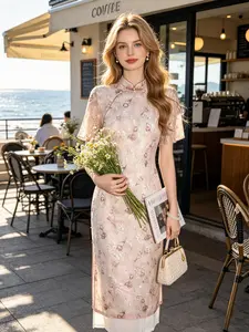 Dusty Pink Cutout Floral Ao Dai Style Cheongsam · Layered Stand Collar Loose-Fit Gentle Slimming Everyday Dress