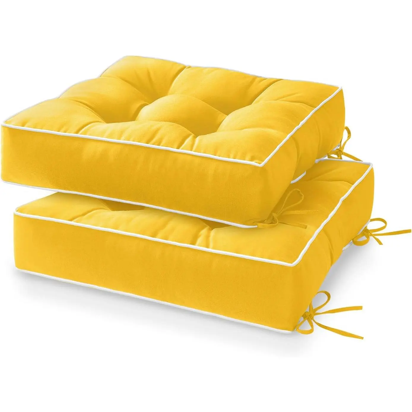 Outdoor Chair Cushions Set of 2, Tufted Patio Chair Cushions with Ties, Square Corner Outdoor Cushions for Patio Furniture, Lawn Chairs, Wicker Chairs, 19" x 19" x 5", Yellow