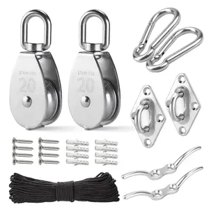 M20 Stainless Steel Pulley System Kit-Heavy-Duty Pulley Wheel, Pulley Block with Nylon Rope, Hooks, Eye Pad Plate, and Rope Cleat - Ideal for Lifting, DIY Projects, and Clothesline (2 Pack)