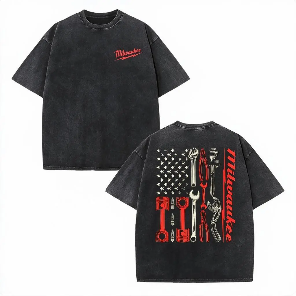 Unisex Vintage Milwaukee Tools Mechanic Graphic Tee USA‑Flag Print Black Cotton Round‑Neck Short‑Sleeve Top Casual Work‑Inspired Apparel T‑Shirt For Adult Men And Women