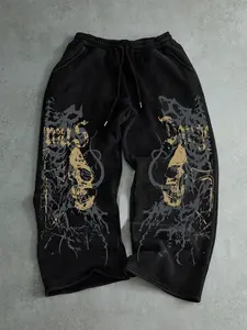 Men's Casual Sporty Long Pants, Skull Pattern Print, Drawstring Wide Leg, Loose-Fitting, All Seasons, Graphic Style, Sports Casual Pants