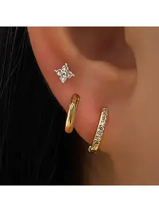 3-Pair Gold-Tone Earring Set, Alloy Studs & Hoops with Cubic Zirconia, Variety Pack for Daily Layering, Dainty Gift Jewelry