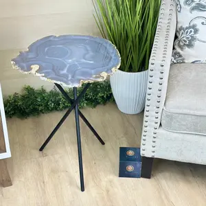Natural Agate Side Table on Black Metal Base, 23.6" Tall #1342NA-001