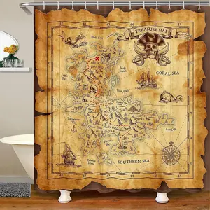 Nautical Island Map Shower Curtain,Vintage Old Map Pirate Ship Bath Curtain,Ocean Ancient Pirate Skull Bathroom Decor Curtain,72" Wx72" L Washable