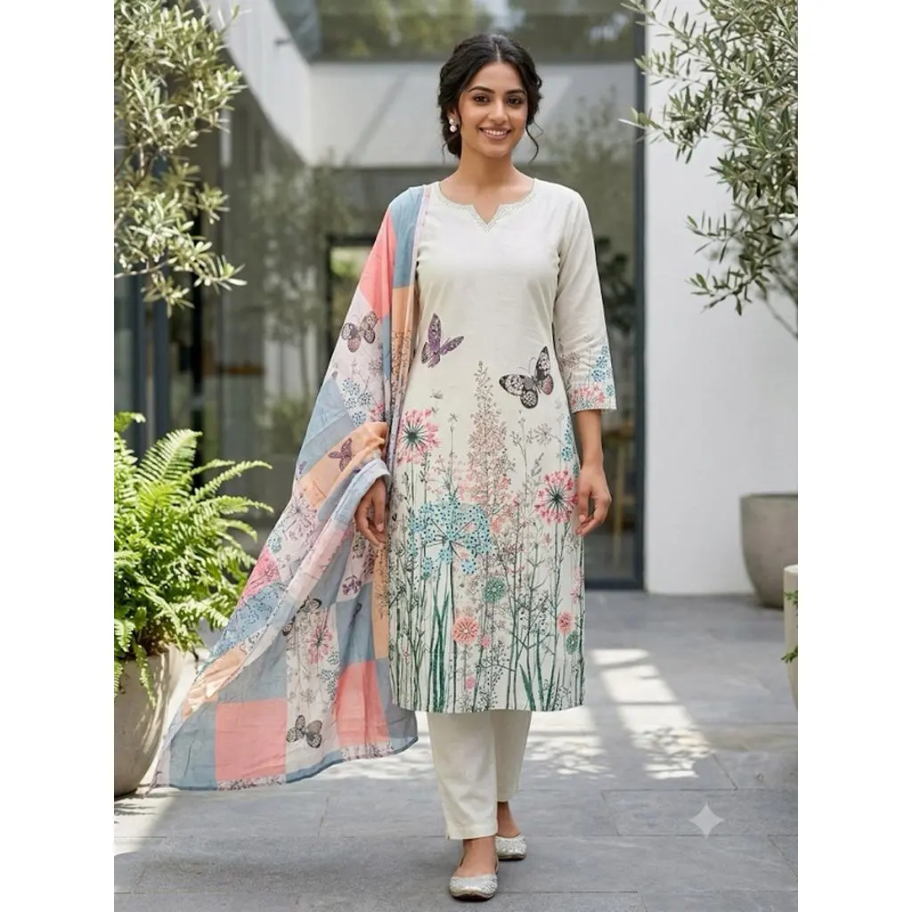 Women's Floral & Butterfly Print Kurta Set with Dupatta Elegant Three-Piece Outfit Ethnic Wear Trousers and Casual Kurti Set Spring Summer Collection M-38” L-40” XL-42” XXL-44”