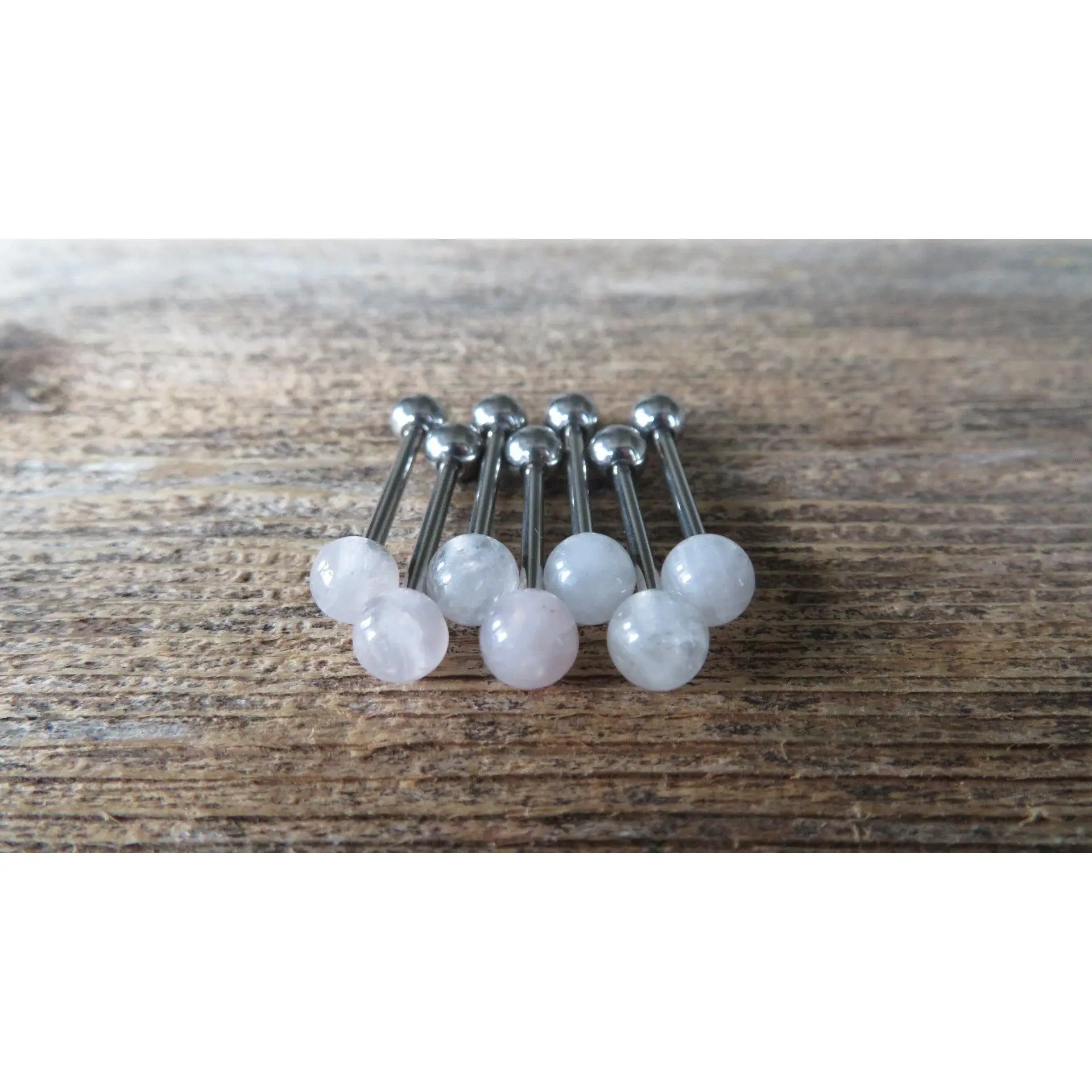 Custom Lengths Rose Quartz Natural Stone Barbell Tongue Ring 14g (1.6mm) Piercing