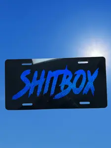 SH!TBOX Custom License Plate - Blue Text Design, Black Background, Standard License Plate Size