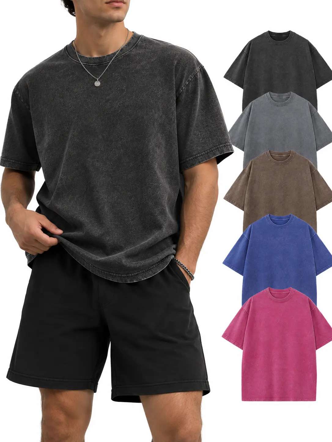 5pack 100%cotton Acid Wash Unisex Oversized Cotton T-Shirt Crew Neck Half Short Sleeve Summer Top Casual Loose Fit Solid Streetwear Comfortable Tees Basic Womenswear Shortsleeve Tshirt Classic Hem