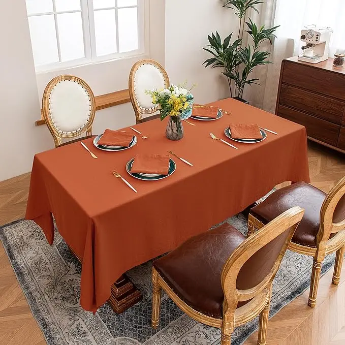 Rectangular tablecloth Wrinkle resistant waterproof linen textured tablecloth Halloween Fall Harvest Banquet Kitchen Use (pumpkin red)