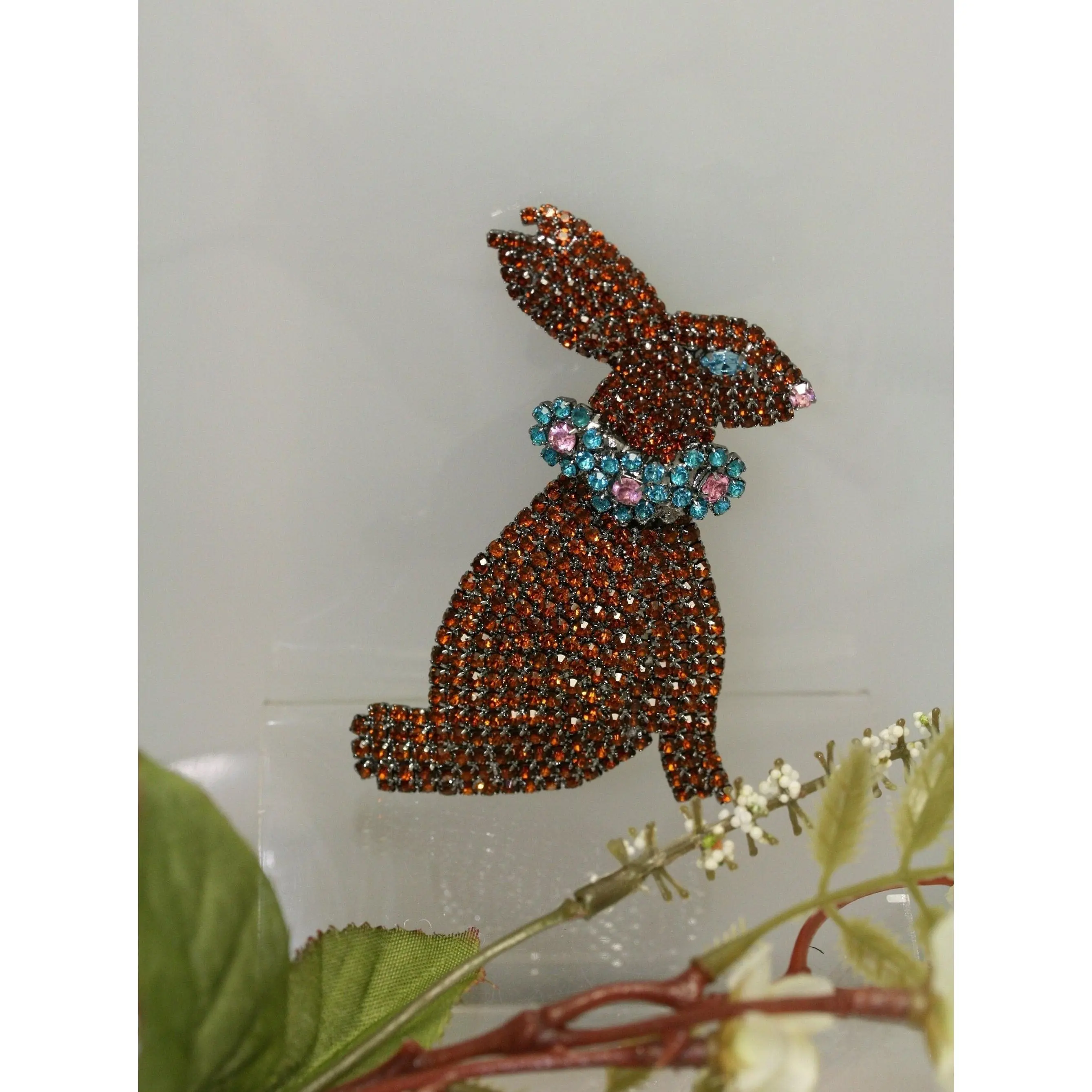 Chocolate Brown Easter Bunny Brooch Pin Set, Rhinestone Animal Jewelry with Aqua & Pink Floral Accents, Rhinestone Eyes, 3 x 2 in, 3 X 2 Inches