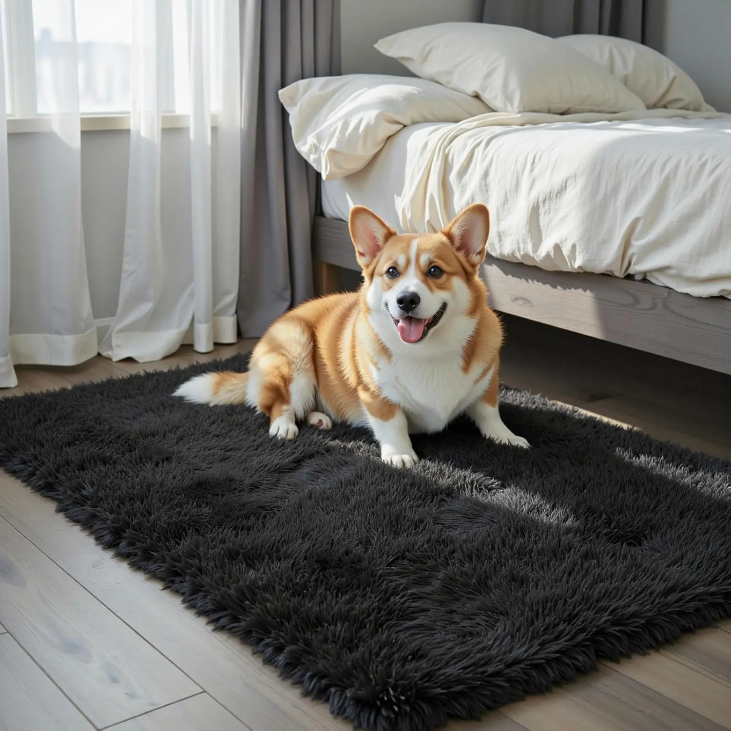 Small Area Rugs 2x3 Feet, Black Rug for Bedroom Dorm, Modern Shag Bedroom Mat, Small Carpet, Fluffy Bedside Rug for Girls Dorm Room Home Decor(2 x 3, Black)