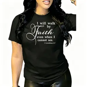 Women's Religious Bible Verse T-Shirt  Corinthians  "Walk By Faith" Print, Short-Sleeve, Oversized Fit, Basic Fabric, Inspirational Christian Apparel