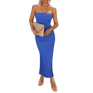 PrettyGarden Women's Summer Bodycon Maxi Tube Dress Strapless Side Slit Long Elegant Cocktail Party Wedding Guest Dresses