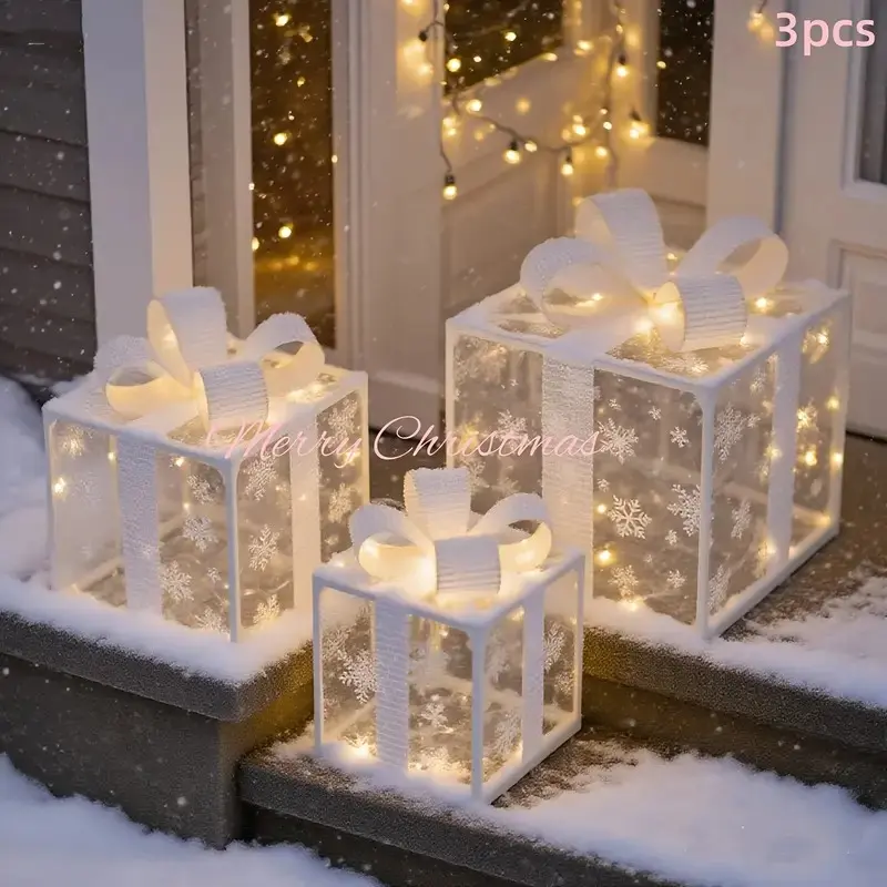 3 Piece Lighted Christmas Gift Box Set with Ribbon, Festive Decoration, Christmas Decorations, Warm Glow, Indoor/outdoor, Shiny Gift Boxes, Christmas Tree, Yard and Home Decor, Outdoor Decorative Lights