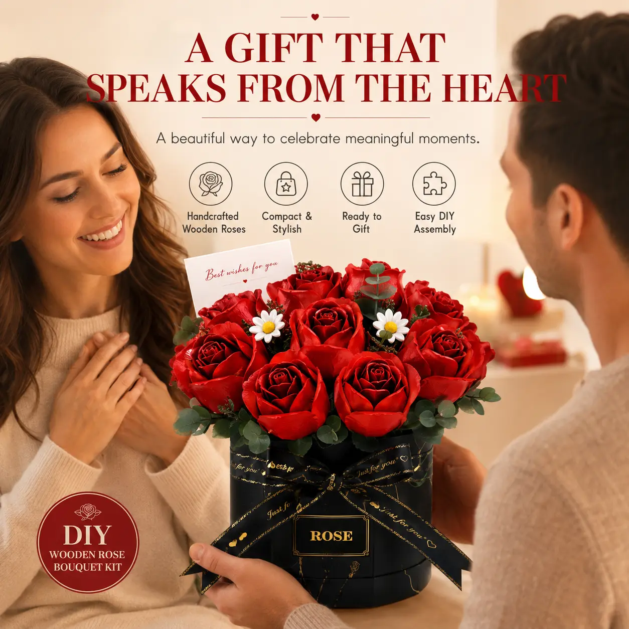 【ROBOTIME】3D Red Rose & Daisy Bouquet DIY Assembly Kit — A viral TikTok "eternal flower" craft model; a fun, stress-relieving toy for adults; a romantic anniversary gift for a wife or girlfriend; and an exquisite home decor piece.