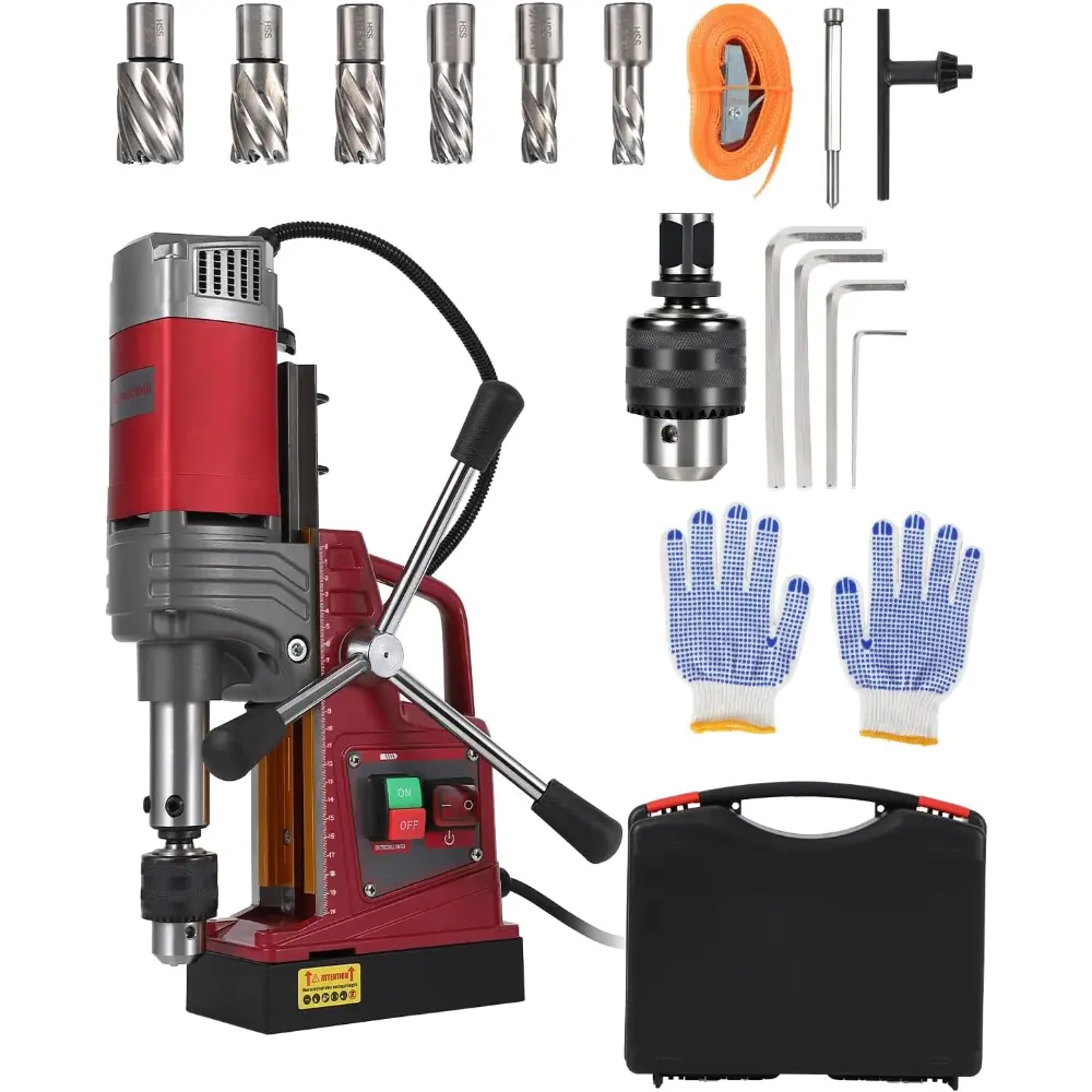 Portable Magnetic Drill Press with 1450W Motor, 1.57" Drilling Capacity, 820 RPM, 10-Speed Control, 13000N Electromagnetic Hold, Twist Adapter, Double Dovetail Guide Column, Minimal Wobble, Precision, Reliable Drilling Power for Metal/Steel, Pipelines, Co
