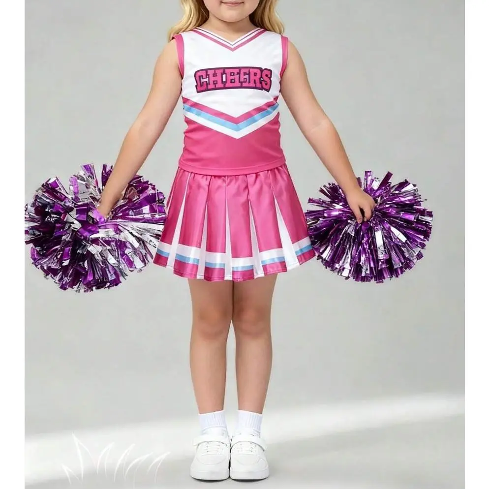 2026Halloween Pink Cheerleader Costume, Cheerleader Costume for Girls, Cute Halloween Cheerleader Uniform Set with Accessories, Halloween High School Cheerleader Costume